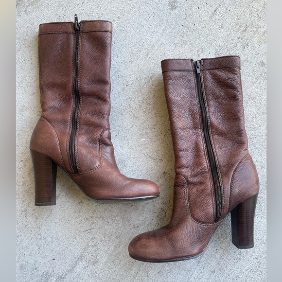 Miss Sixty Leather Brown Wood Heeled Boots 6.5 Narrow Chunky 90s Mid Calf Retro - Picture 3 of 8
